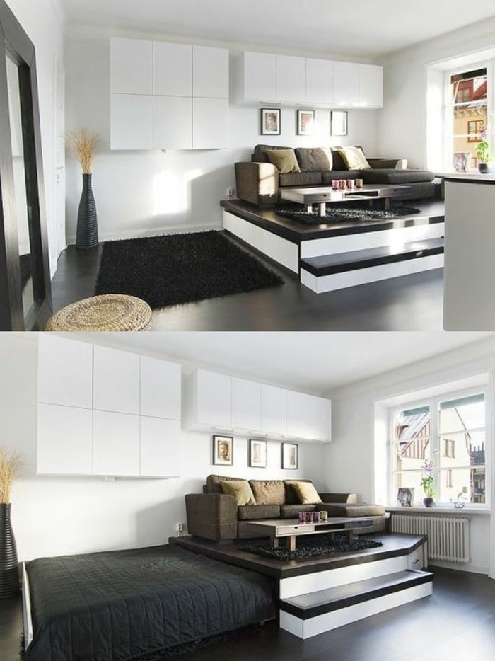 sunlit living room area, with a dark brown sofa, and a retractible bed, room design, white walls with cabinets, smooth black floor, with a black fluffy rug