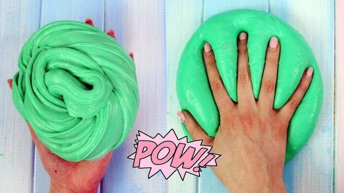 the word pow, in a pink speech bubble, on top of two images of green slime, a twisted piece held in someone's hand, and a smooth pile, with a hand on top of it