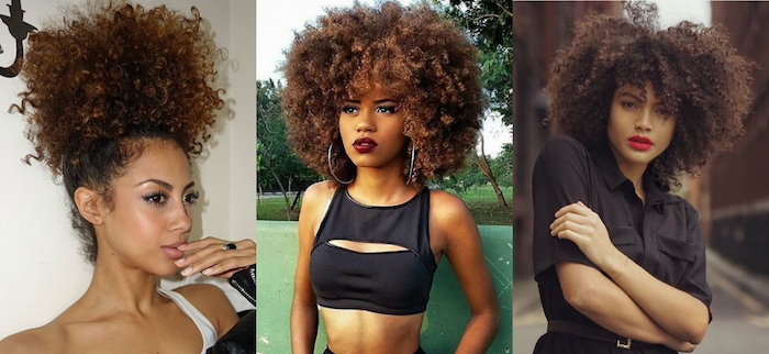 styling suggestions for natural afro hair, three different dos, cute easy hairstyles, curly top ponytail, and original afro, dark brunette ringlets with highlights