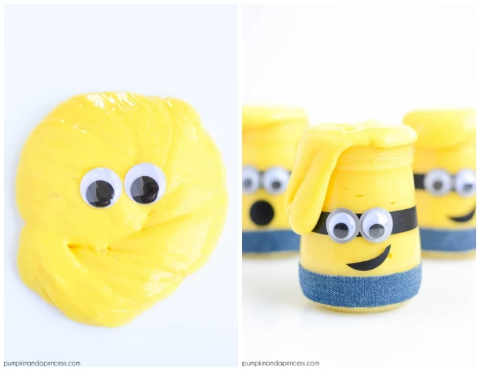minions goop in yellow, with googly eye stickers, how to make slime with glue, three clear jars, filled with slime, and decorated to look like minions