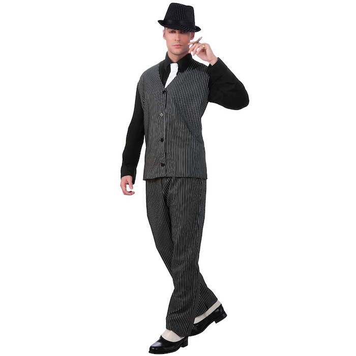 party costume of a 1920s gangster, black and white pinstripe trousers, and matching vest, black shirt and a white tie, 20s mens fashion, a fedora and retro shoes