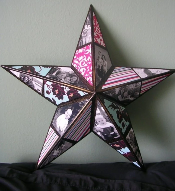 star shape made from card, decorated with colorful patterned paper, and black and white family photos, homemade gift ideas, 3D effect ornament