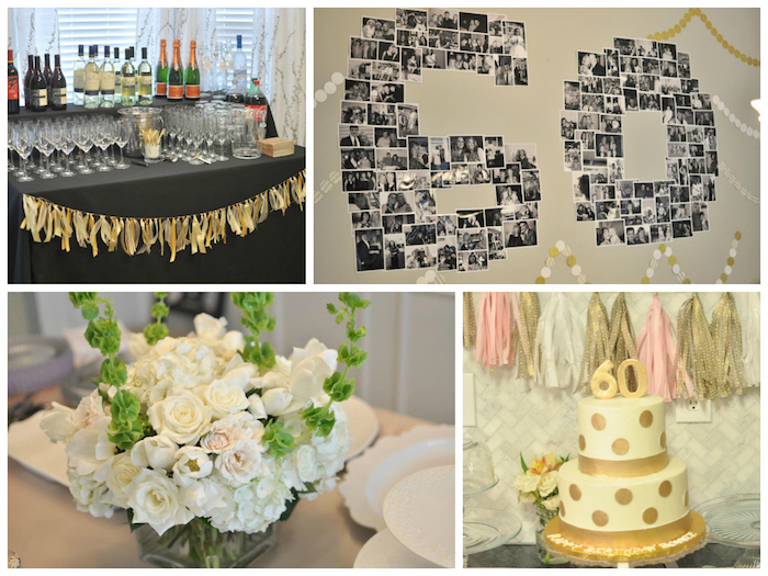 collage with four images, a cake in white and gold, a bar with bottles and glasses, a bouquet of white roses, and a wall decoration with black and white photos, forming the number 60