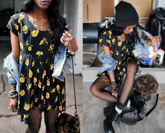 sunflower pattern in bright yellow, on a black mini dress, 90s outfit ideas, worn with fishnets tights, and a denim jacket, by a young black woman, in a black beanie hat