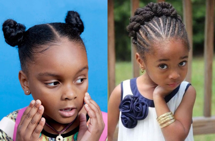 cute girls hairstyles, two little black girls, one with two small symmetrical buns, and the other with cornrows, ending in a bun