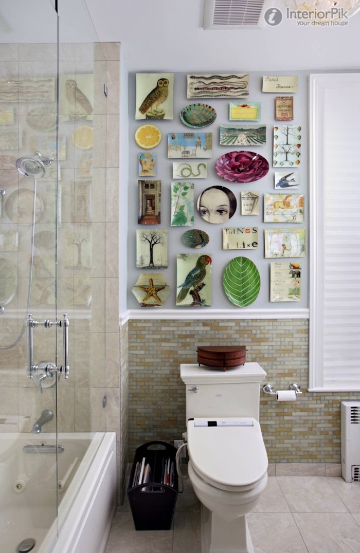 shower cabin made of clear glass, and a white toilet seat, diy bathroom decoration, featuring an assortment of colorful images
