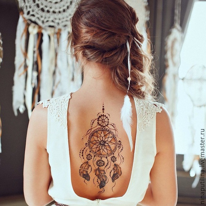 cutout back white top, worn by a brunette woman, revealing a henna tattoo, of a dreamcatcher on her back