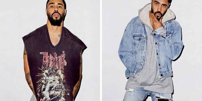 streetwear from the 90s, on a bearded man with dark hair, 90s inspired outfits, oversized dark purple t-shirt, ripped jeans and a denim jacket, over pale grey hoodie, what to wear to a 90s party male