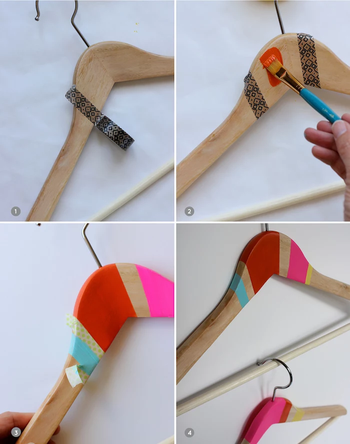 photo collage of step by step diy tutorial, how to decorate wooden hangers, creative diy christmas gifts, painted in different colors