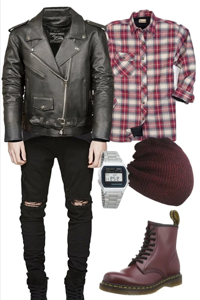 purple beanie hat, wine red dr. marten boots, red flannel shirt, black leather biker jacket, torn black jeans