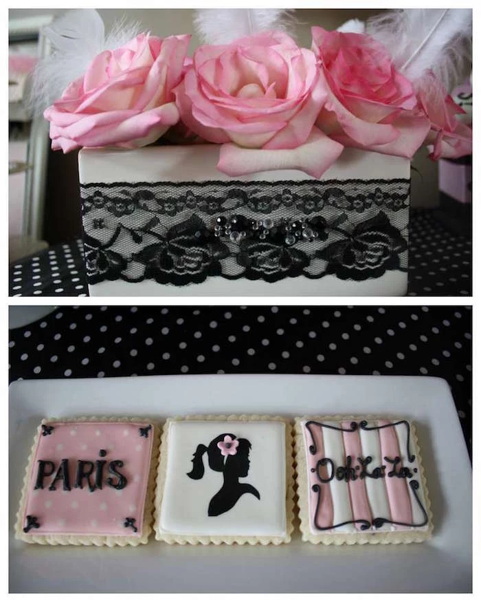 square cookies with black, pink and white frosting, depicting the words paris and ooh la la, and an image of a woman's silhouette, 60th birthday party ideas for mom, box with lace, containing three pink roses