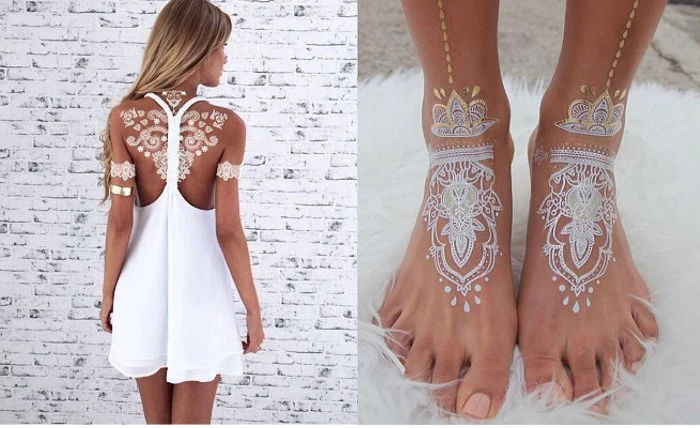 mini dress in white, worn by a slim, tan blonde woman, with a large white back tattoo, and temporary henna tattoos, on her upper arms and feet
