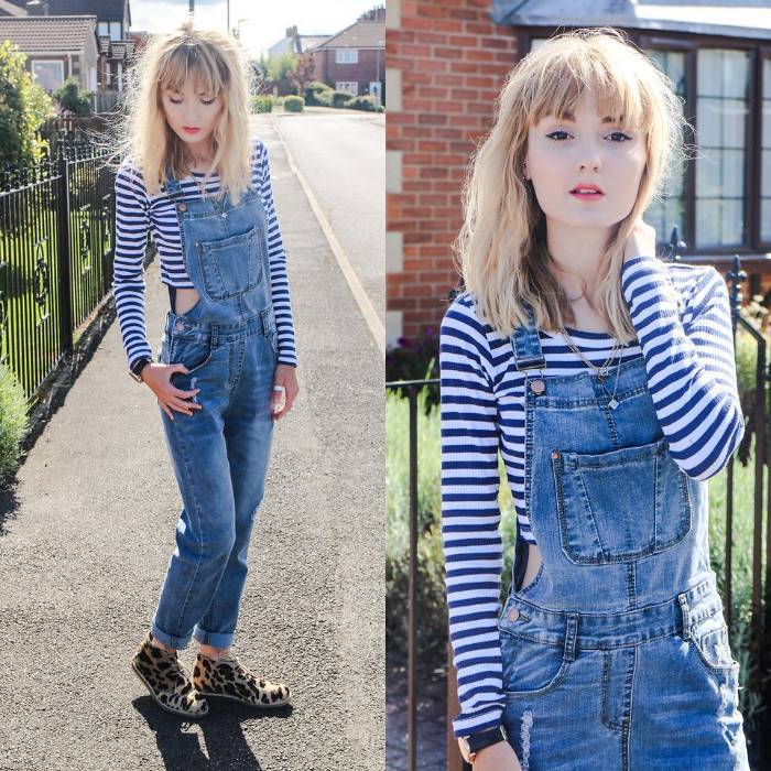 messy blonde hair and bangs, on slim woman, wearing a striped cropped jumper, and retro denim overalls, 90s clothes womens, animal print shoes