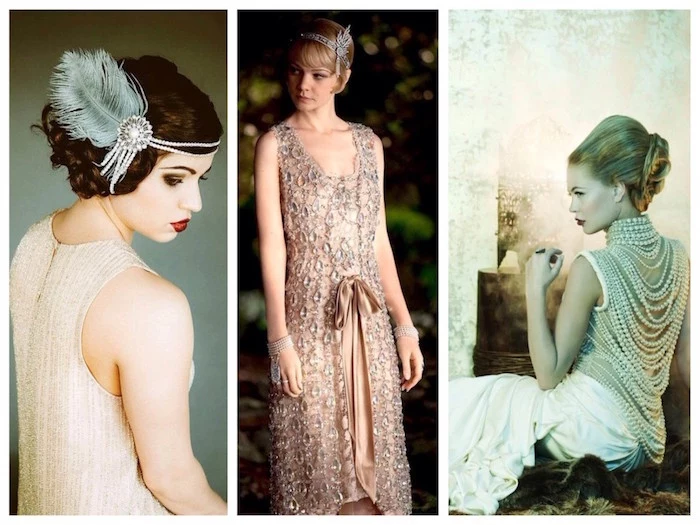 collage showing three images of women, dressed in 1920s attire, cream embroidered dress, worn with a feathered pearl headband, white dress with pearls, carey mulligan with a pink flapper dress, how to dress up for a roaring 20s party