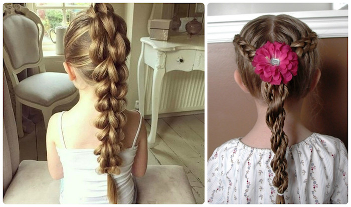 intricate and long, dark blonde braid, on the head of a small child, next image shows a different style of braid, on brunette hair, decorated with a pink floral ornament, kids hairstyles
