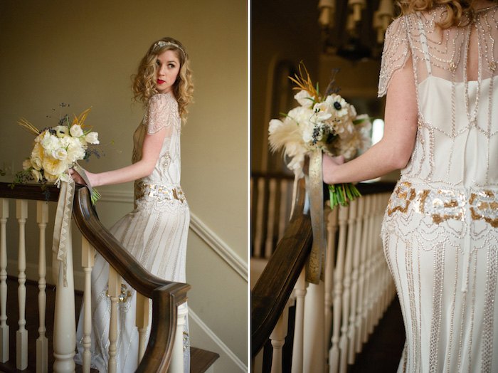 wedding gown in 1920s flapper style, featuring gold embroidery, and short sheer sleeves, great gatsby outfits, on a blonde young woman