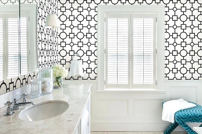 geometric patterns in black, on a white wallpaper, decorating the walls of a bright room in white, bathroom decorating ideas on a budget, marble counter with an inbuilt sink