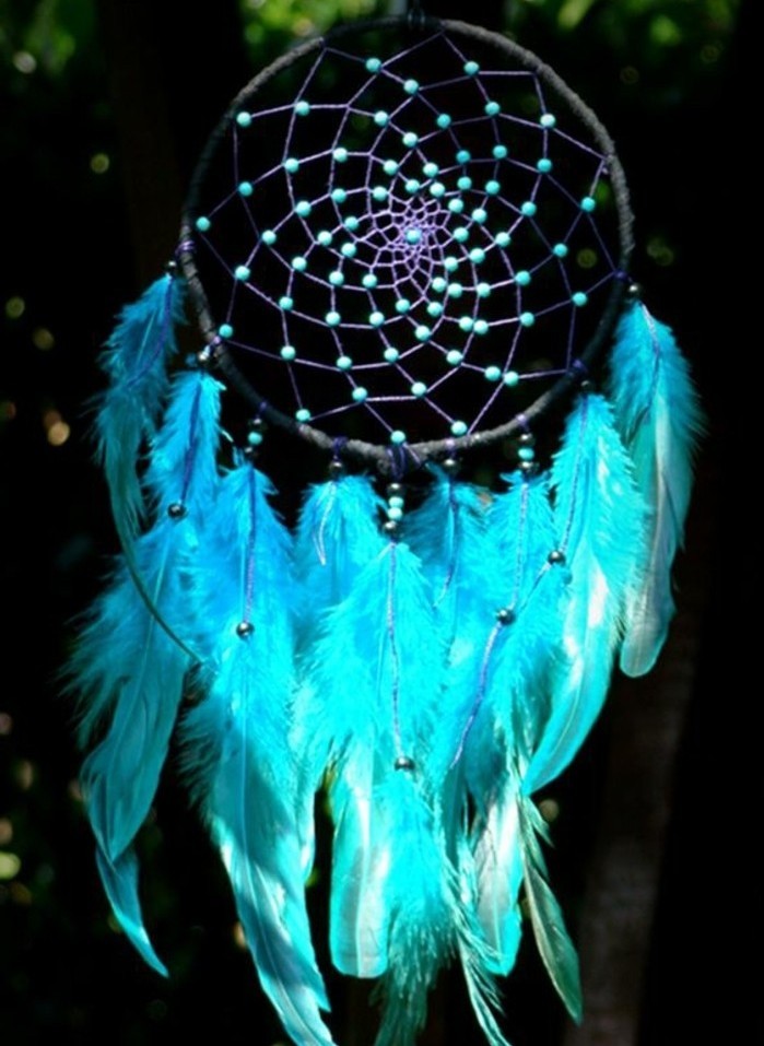 vivid turquoise feathers, attached to a dreamcatcher, decorated with many teal bids, dreamcatcher designs