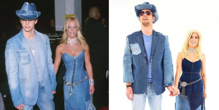 90s halloween costumes, couple dressed in full denim outfits, imitating britney spears and justin timberlake, strapless denim dress, jeans and a denim blazer, with denim cowboy hat