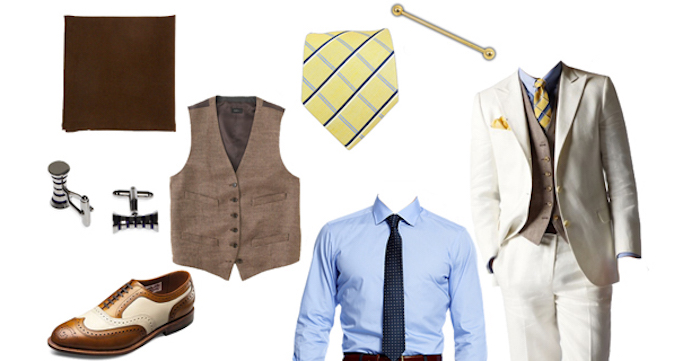 vest in beige, patterned yellow tie, dark brown pocket handkerchief, two-tone oxford shoes, cufflinks and a blue shirt, 20s mens fashion, white and beige suit