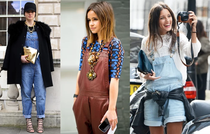 glossy leather-like brown overalls, short pale blue overalls, and rolled-up denim 90s overalls, worn by three different women