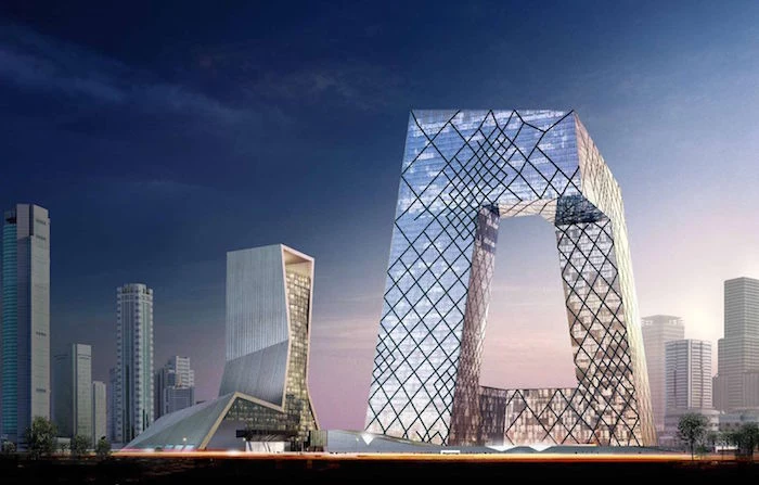 postmodern architecture, the cctv building in beijing, large structure made of glass and metal, with a hollow shape in the middle