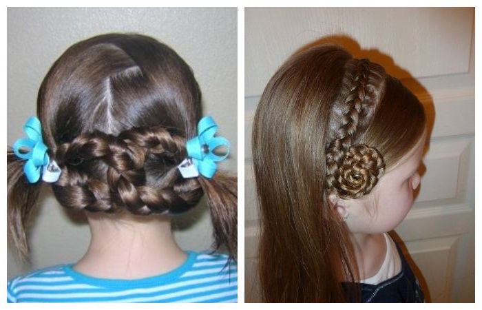 kids hairstyles with braids, two little brunette girls, one with linked round brads, and turquoise ribbons, the other with a braided swirl, on the side of her head