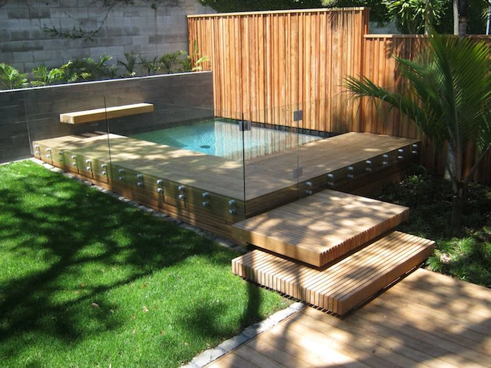 steps leading to a pool, surrounded by clear glass panels, small backyard pool ideas, palm tree and green grass, wooden fence and patio