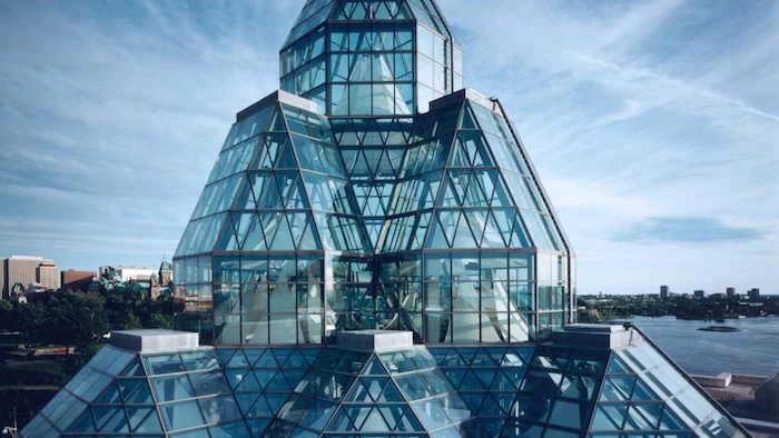 dome-like structures made of glass, and supported by metal frames, postmodernism examples, canadian national gallery, glass roof close up