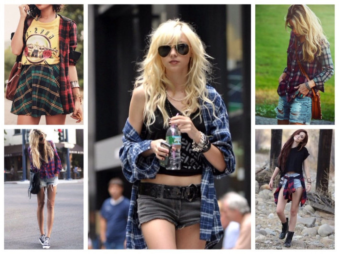 style tips, five images of women, wearing flannel shirts in different ways, buttoned and unbuttoned, round the waist, and off the shoulder