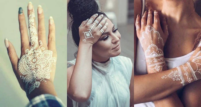 complex and simple, white tattoo designs, on a college with three images, large and small henna tattoo, worn by three different women