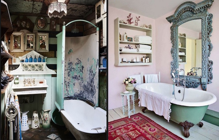 images of boho bathrooms, dark room with lots of vintage decorations, and a room with pale pink walls, containing a turquoise bath, a large ornate mirror, and diy bathroom décor 