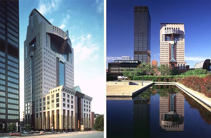 side by side images of the humana tower in kentucky, seen from up close, and further away, rectangular and oval elements, and tall columns 