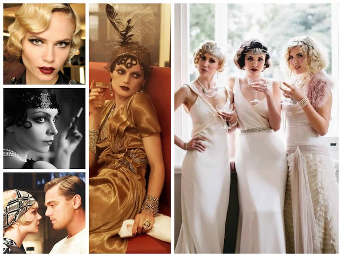 satin gatsby themed dress in brown, on a woman with flapper headdress, three young women in long 1920s gowns, close ups of models and actors in vintage makeup