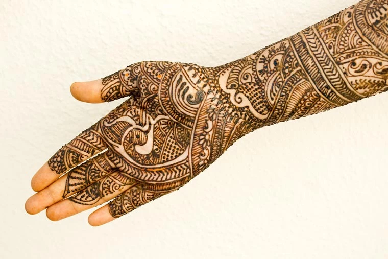 many tiny details, painted with dark henna, on an outstretched arm, temporary henna tattoos, covering the hand and forearm, the fingertips are left bare