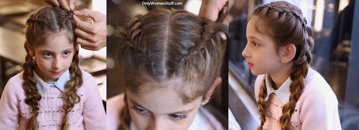 weaving two braids, on ether side of a little, brunette girl's head, hairstyle seen from three different angles