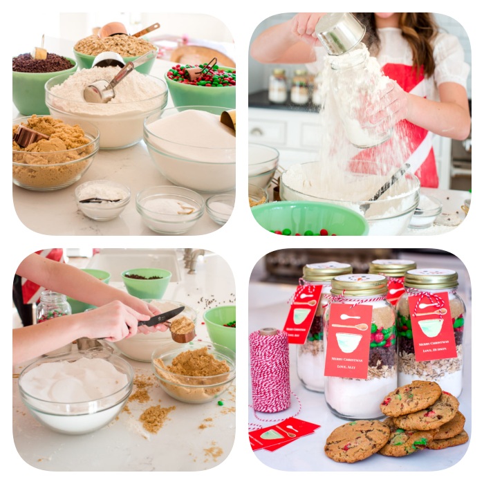 photo collage of step by step diy tutorial, homemade christmas gifts, how to make cookies, deconstructed cookies in glass jars