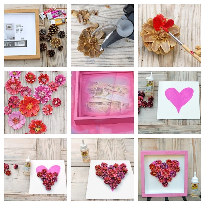 creative diy christmas gifts, photo collage of step by step diy tutorial, heart shaped dried flowers inside a pink wooden frame