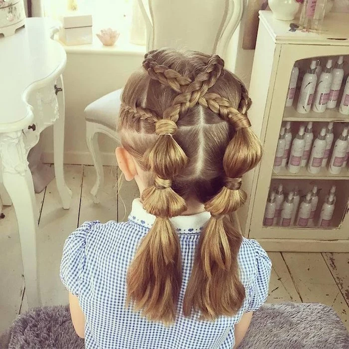 knot-detail pigtails, and criss-crossing braids, on the honey blonde head, of a small child, girl haircuts, checkered blue and white dress, with an embroidered white collar