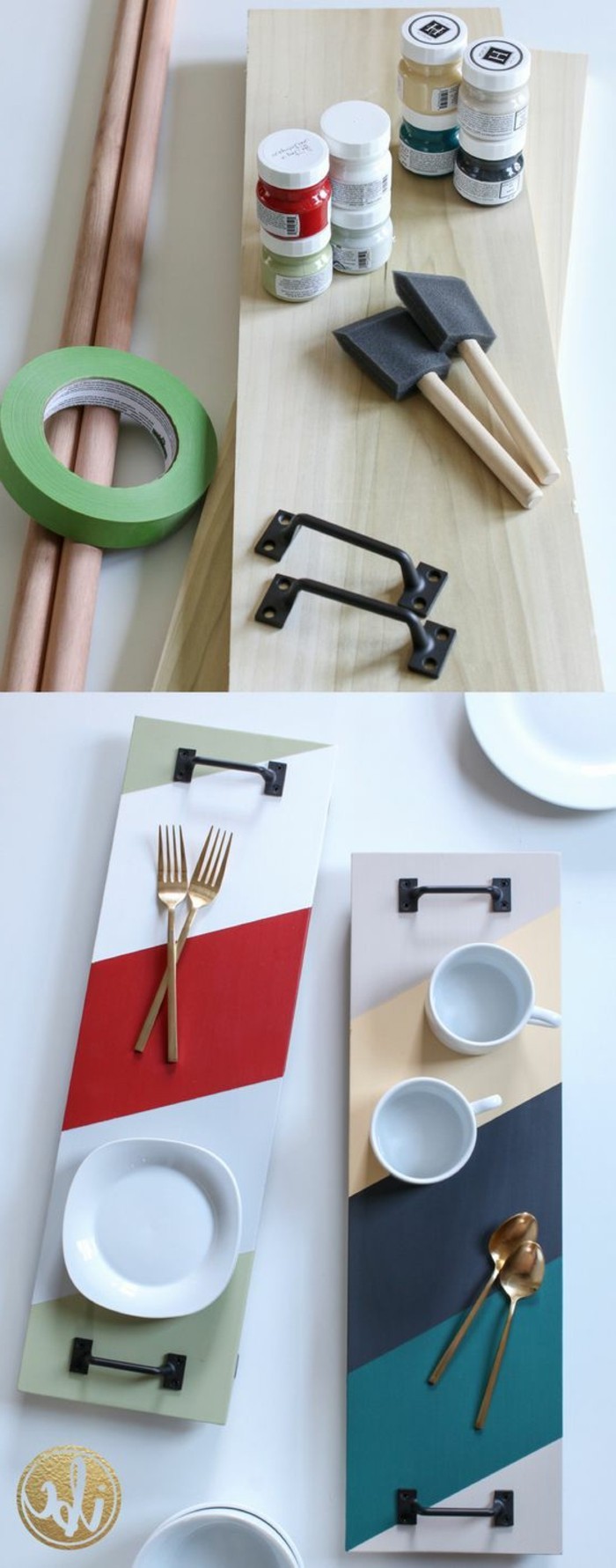 serving trays made from pieces of wood, with black metal handles, and multicolored stripes of paint, cute gift ideas, images showing the needed materials