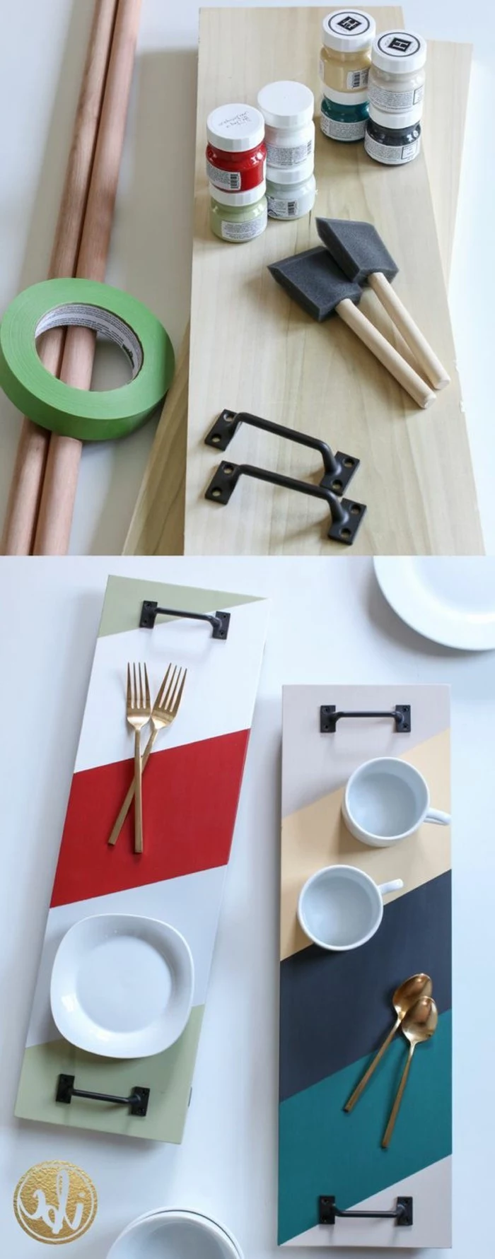serving trays made from pieces of wood, with black metal handles, and multicolored stripes of paint, cute gift ideas, images showing the needed materials