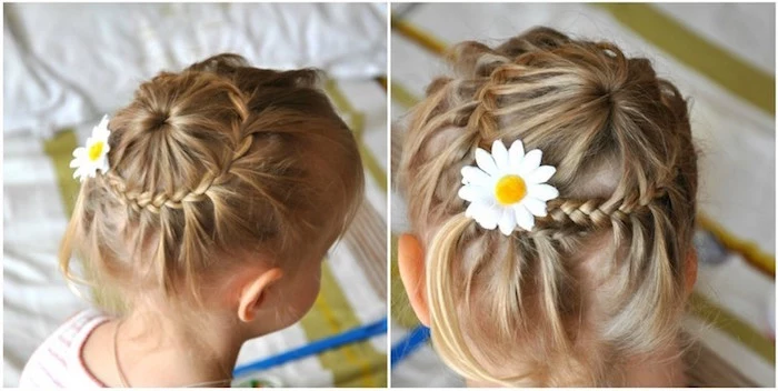 circular small braid, on top a blonde child's head, decorated with a daisy hair ornament, seen from above