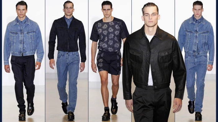 male models on a catwalk, oversized 90s denim jackets, with retro jeans, patterned shorts with a matching t-shirt
