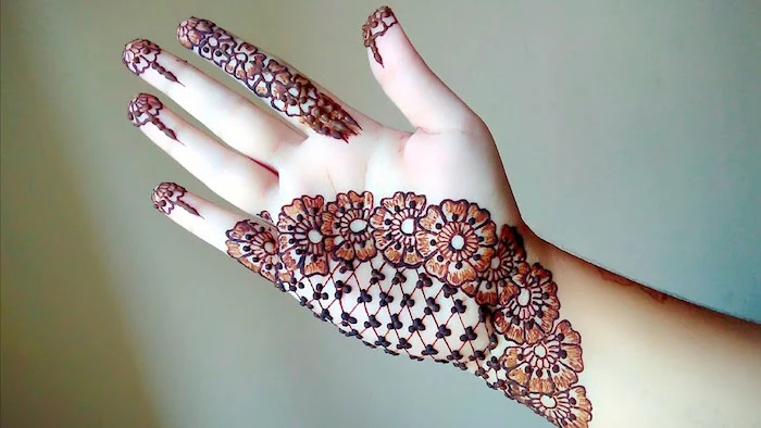 mesh-like henna design, with large detailed flowers, cute henna designs, on the palm and fingertips, of an outstretched hand