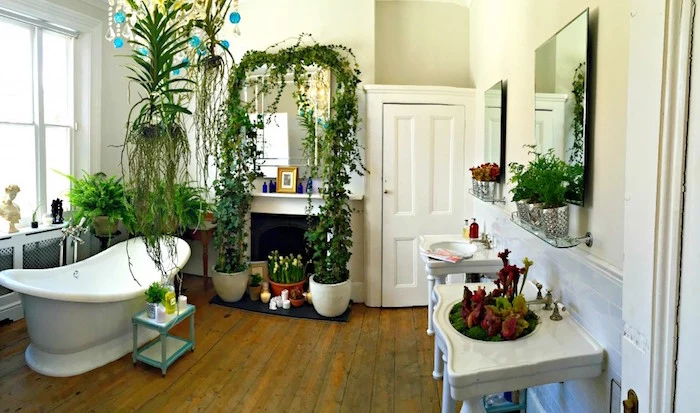 plants of different shapes and sizes, inside a room, with vintage wooden floor, containing a white bathtub, diy bathroom décor, a big window and vintage furniture 