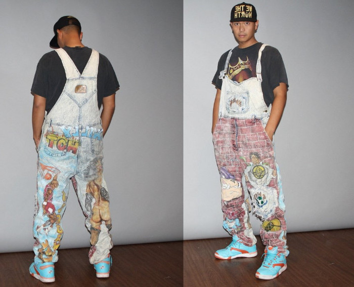 turquoise and orange vintage high-top sneakers, worn with pale denim overalls, decorated with colorful drawings, 90s clothes mens, grey t-shirt and baseball cap