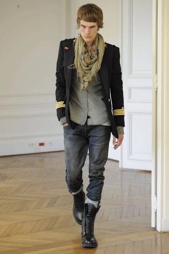 punk aesthetic 90s clothes mens, drummer military jacket, grey rolled-up jeans, lace-up combat boots, shirt and a scarf