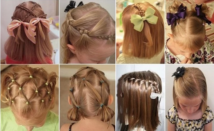 collage showing eight images, of different braided hairstyles, worn by small children, with shoulder-length hair, girl haircuts, with ribbons and bows