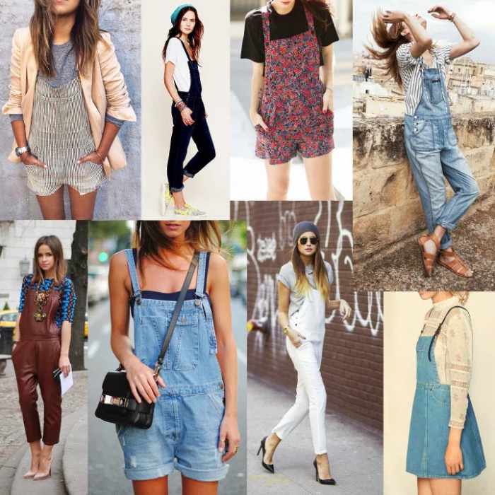 collage with eight images, of different overalls, 90s clothes womens, short and long, denim and leather effect, worn by various women