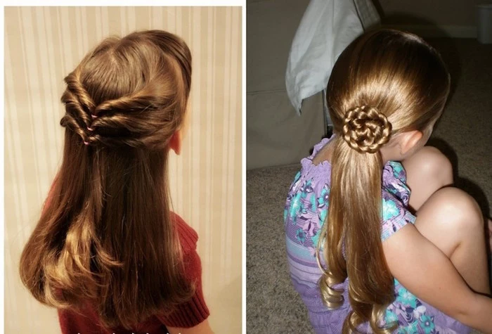 girl haircuts, two children with brunette hair, one decorated with three rows of twists at the back, and the other with a ponytail, and swirl-like motif